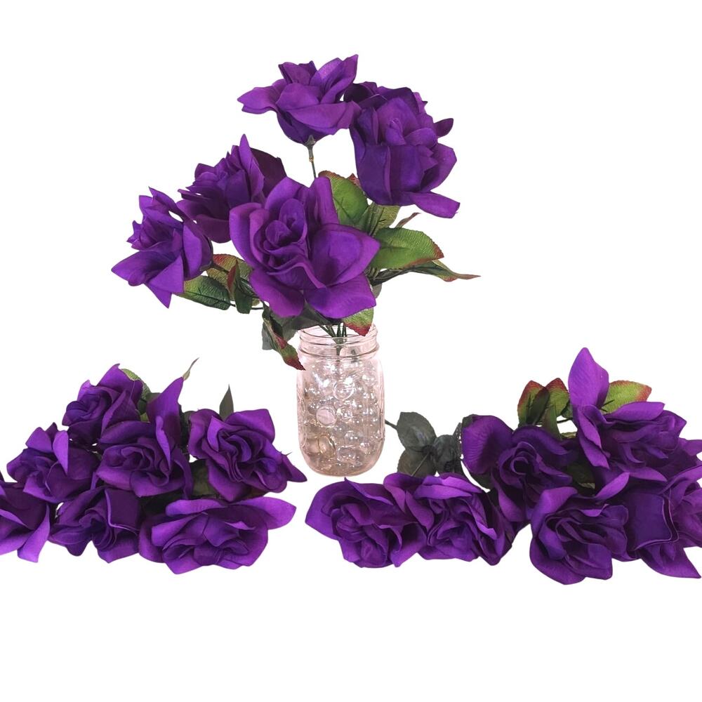 3 Royal Purple Violet Silk Rose Bushes 12in 21 Artificial Flowers 3in Blooms